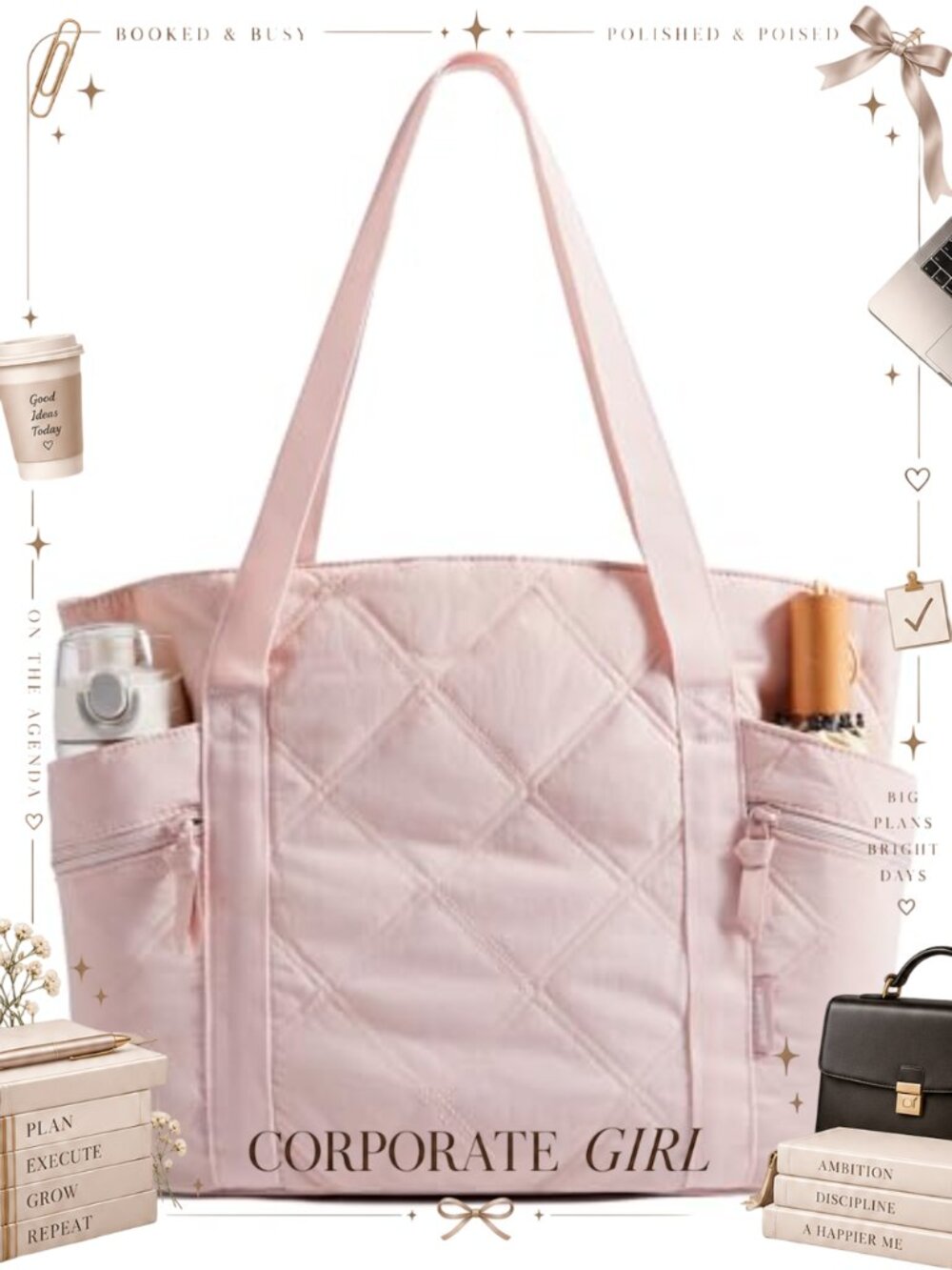 Quilted Puffer Tote Bag Large Zipper Travel Work Gym Shoulder Bag